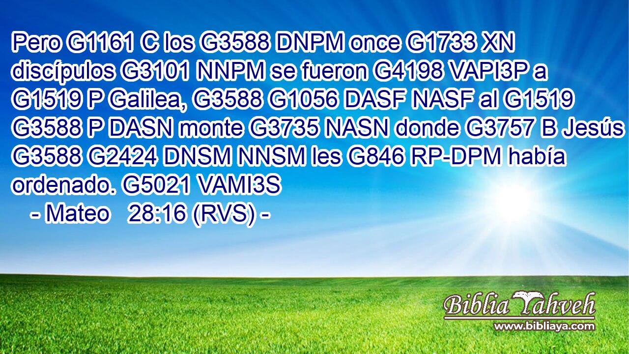 Pero G1161 C los G3588 DNPM once G1733 XN discípulos G3101 NNPM se fueron G4198 VAPI3P a G1519 P Galilea, G3588 G1056 DASF NASF al G1519 G3588 P DASN monte G3735 NASN donde G3757 B Jesús G3588 G2424 DNSM NNSM les G846 RP-DPM había ordenado. G5021 VAMI3S 