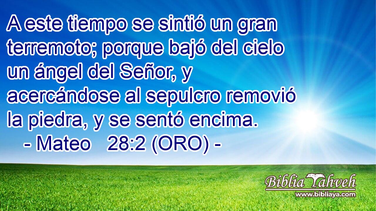  A este tiempo se sintió un gran terremoto; porque bajó del cielo un ángel del Señor, y acercándose al sepulcro removió la piedra, y se sentó encima. 
