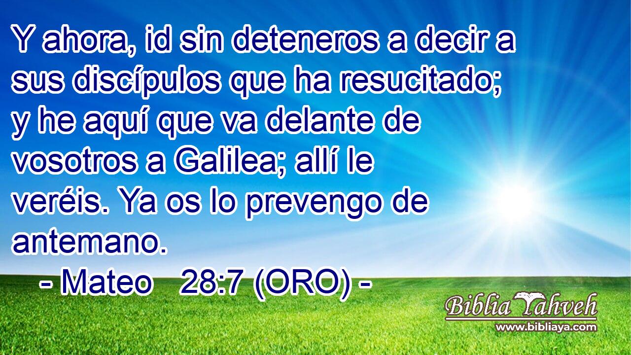  Y ahora, id sin deteneros a decir a sus discípulos que ha resucitado; y he aquí que va delante de vosotros a Galilea; allí le veréis. Ya os lo prevengo de antemano. 