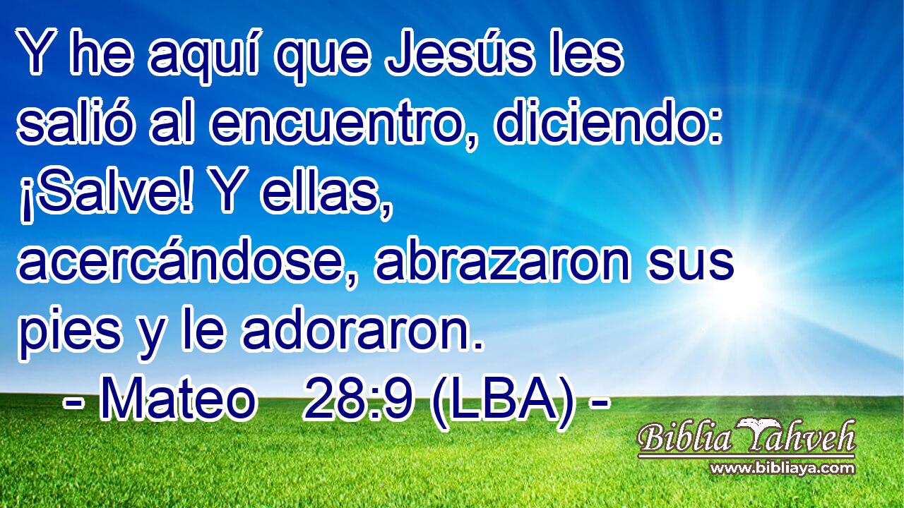 Y he aquí que Jesús les salió al encuentro, diciendo: ¡Salve! Y ellas, acercándose, abrazaron sus pies y le adoraron.