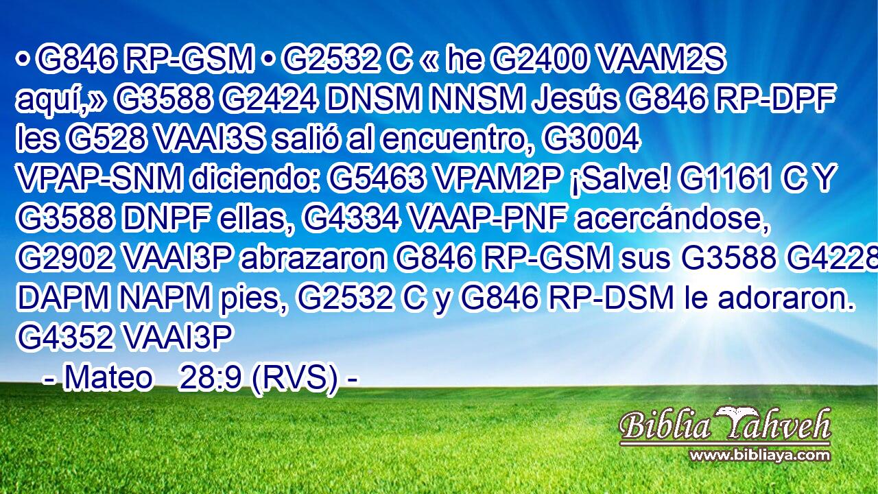 • G846 RP-GSM • G2532 C « he G2400 VAAM2S aquí,» G3588 G2424 DNSM NNSM Jesús G846 RP-DPF les G528 VAAI3S salió al encuentro, G3004 VPAP-SNM diciendo: G5463 VPAM2P ¡Salve! G1161 C Y G3588 DNPF ellas, G4334 VAAP-PNF acercándose, G2902 VAAI3P abrazaron G846 RP-GSM sus G3588 G4228 DAPM NAPM pies, G2532 C y G846 RP-DSM le adoraron. G4352 VAAI3P 