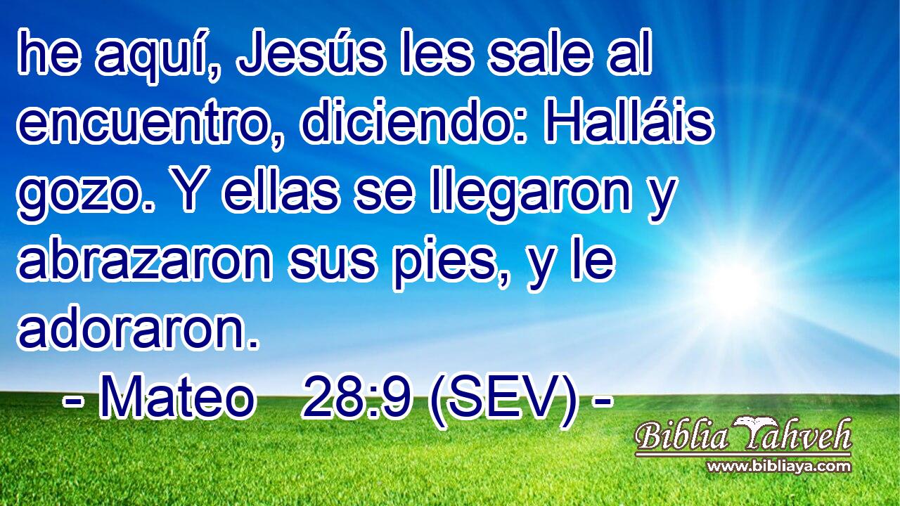 he aquí, Jesús les sale al encuentro, diciendo: Halláis gozo. Y ellas se llegaron y abrazaron sus pies, y le adoraron.