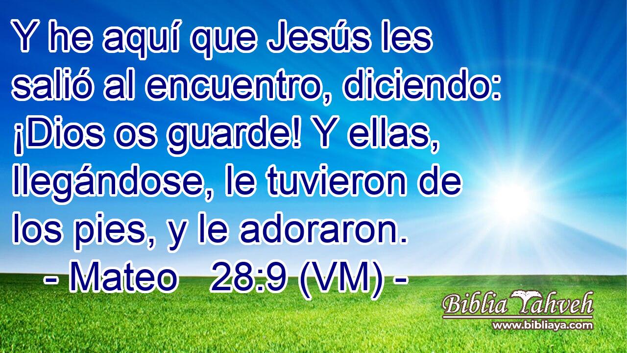  Y he aquí que Jesús les salió al encuentro, diciendo: ¡Dios os guarde! Y ellas, llegándose, le tuvieron de los pies, y le adoraron. 