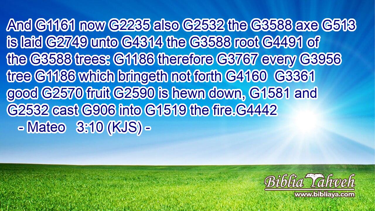 And G1161 now G2235 also G2532 the G3588 axe G513 is laid G2749 unto G4314 the G3588 root G4491 of the G3588 trees: G1186 therefore G3767 every G3956 tree G1186 which bringeth not forth G4160  G3361 good G2570 fruit G2590 is hewn down, G1581 and G2532 cast G906 into G1519 the fire.G4442