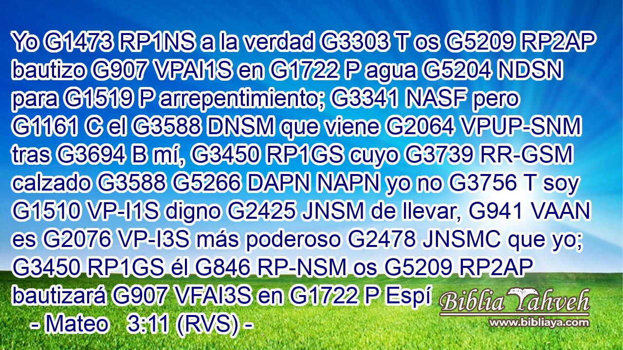 Yo G1473 RP1NS a la verdad G3303 T os G5209 RP2AP bautizo G907 VPAI1S en G1722 P agua G5204 NDSN para G1519 P arrepentimiento; G3341 NASF pero G1161 C el G3588 DNSM que viene G2064 VPUP-SNM tras G3694 B mí, G3450 RP1GS cuyo G3739 RR-GSM calzado G3588 G5266 DAPN NAPN yo no G3756 T soy G1510 VP-I1S digno G2425 JNSM de llevar, G941 VAAN es G2076 VP-I3S más poderoso G2478 JNSMC que yo; G3450 RP1GS él G846 RP-NSM os G5209 RP2AP bautizará G907 VFAI3S en G1722 P Espí