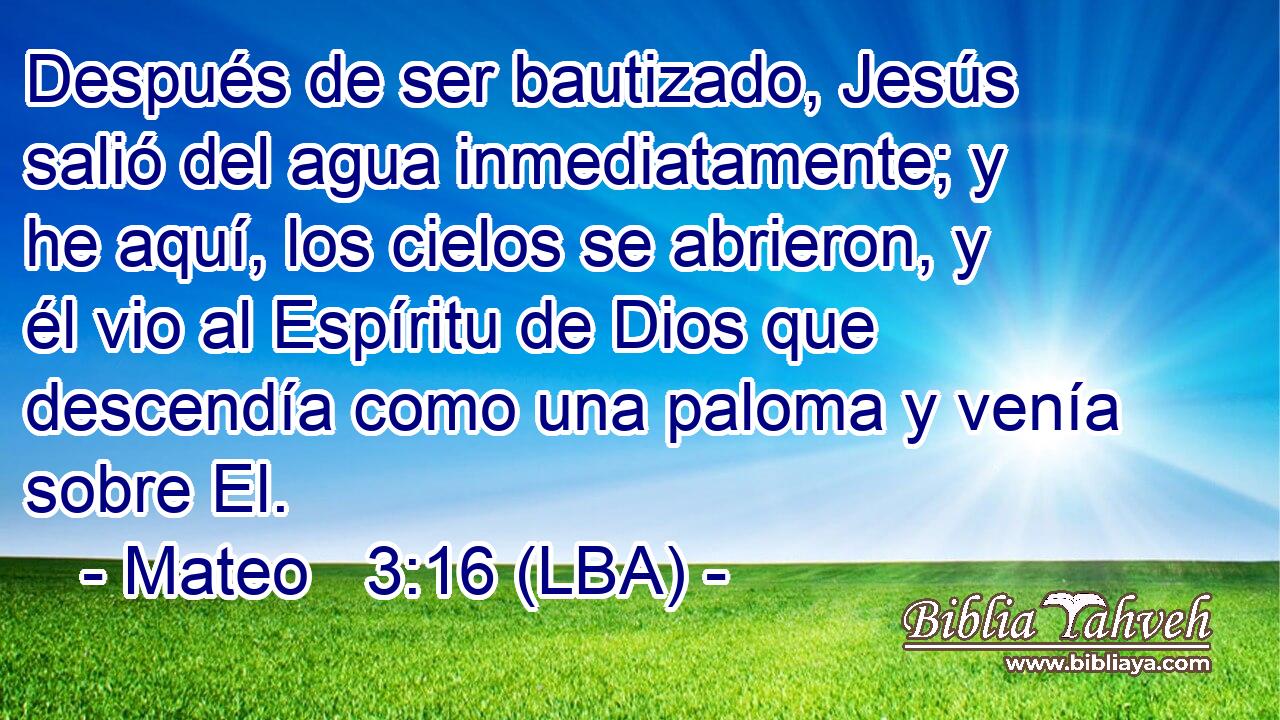 Después de ser bautizado, Jesús salió del agua inmediatamente; y he aquí, los cielos se abrieron, y él vio al Espíritu de Dios que descendía como una paloma y venía sobre El.
