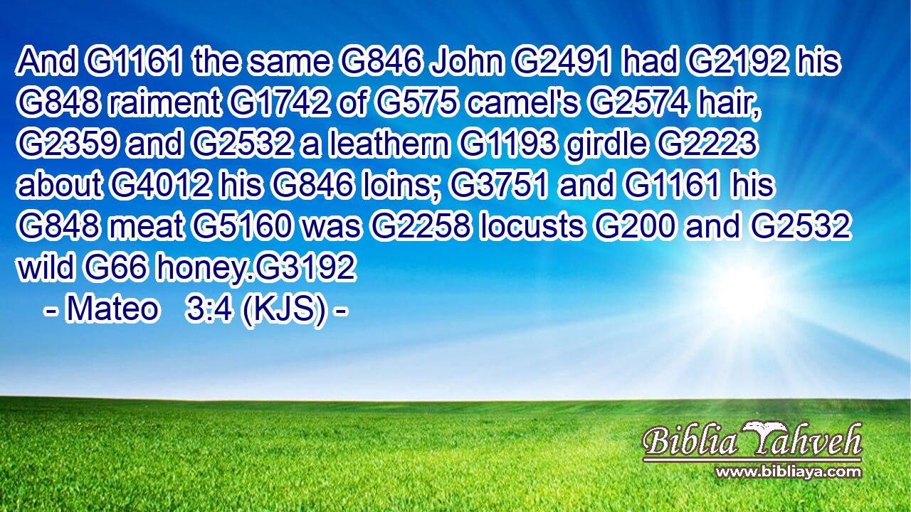 And G1161 the same G846 John G2491 had G2192 his G848 raiment G1742 of G575 camel's G2574 hair, G2359 and G2532 a leathern G1193 girdle G2223 about G4012 his G846 loins; G3751 and G1161 his G848 meat G5160 was G2258 locusts G200 and G2532 wild G66 honey.G3192