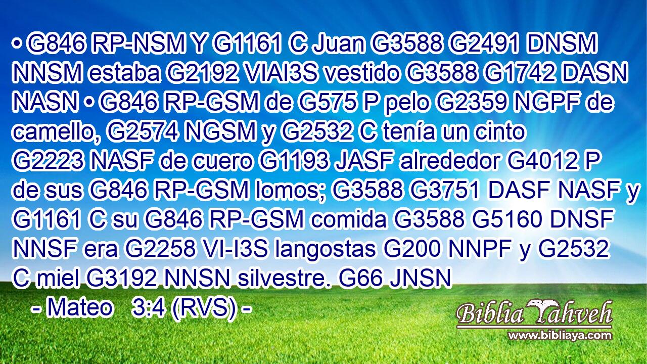 • G846 RP-NSM Y G1161 C Juan G3588 G2491 DNSM NNSM estaba G2192 VIAI3S vestido G3588 G1742 DASN NASN • G846 RP-GSM de G575 P pelo G2359 NGPF de camello, G2574 NGSM y G2532 C tenía un cinto G2223 NASF de cuero G1193 JASF alrededor G4012 P de sus G846 RP-GSM lomos; G3588 G3751 DASF NASF y G1161 C su G846 RP-GSM comida G3588 G5160 DNSF NNSF era G2258 VI-I3S langostas G200 NNPF y G2532 C miel G3192 NNSN silvestre. G66 JNSN 