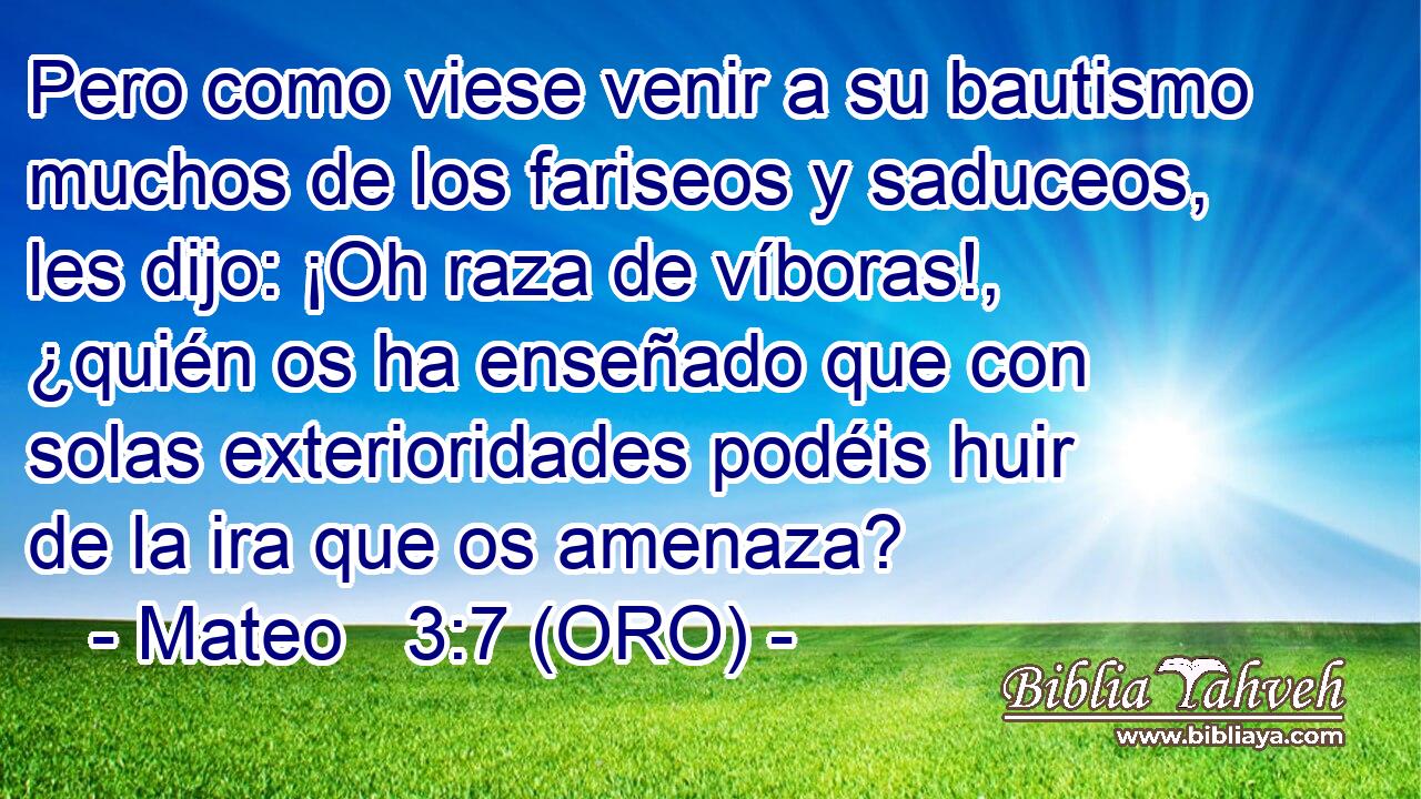  Pero como viese venir a su bautismo muchos de los fariseos y saduceos, les dijo: ¡Oh raza de víboras!, ¿quién os ha enseñado que con solas exterioridades podéis huir de la ira que os amenaza? 