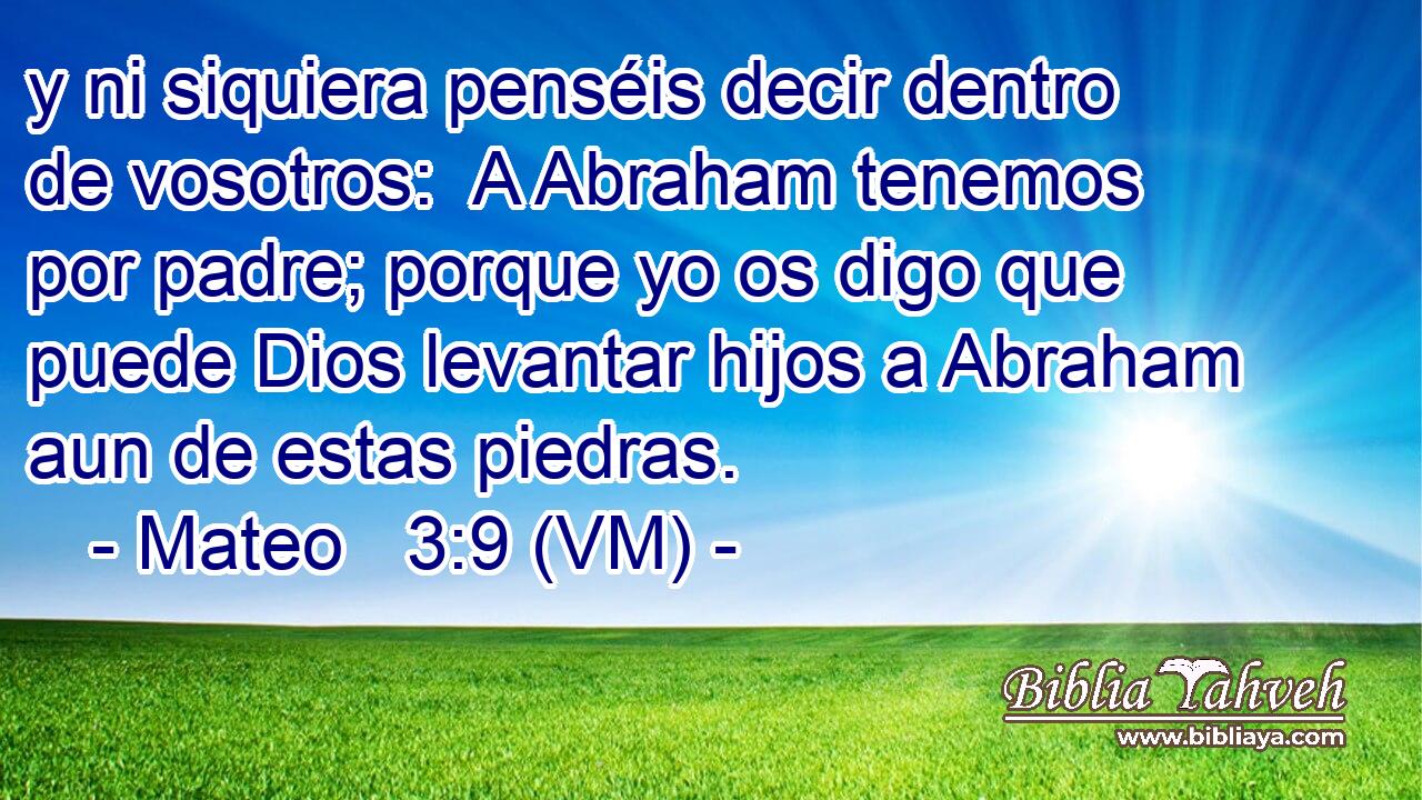  y ni siquiera penséis decir dentro de vosotros:  A Abraham tenemos por padre; porque yo os digo que puede Dios levantar hijos a Abraham aun de estas piedras. 