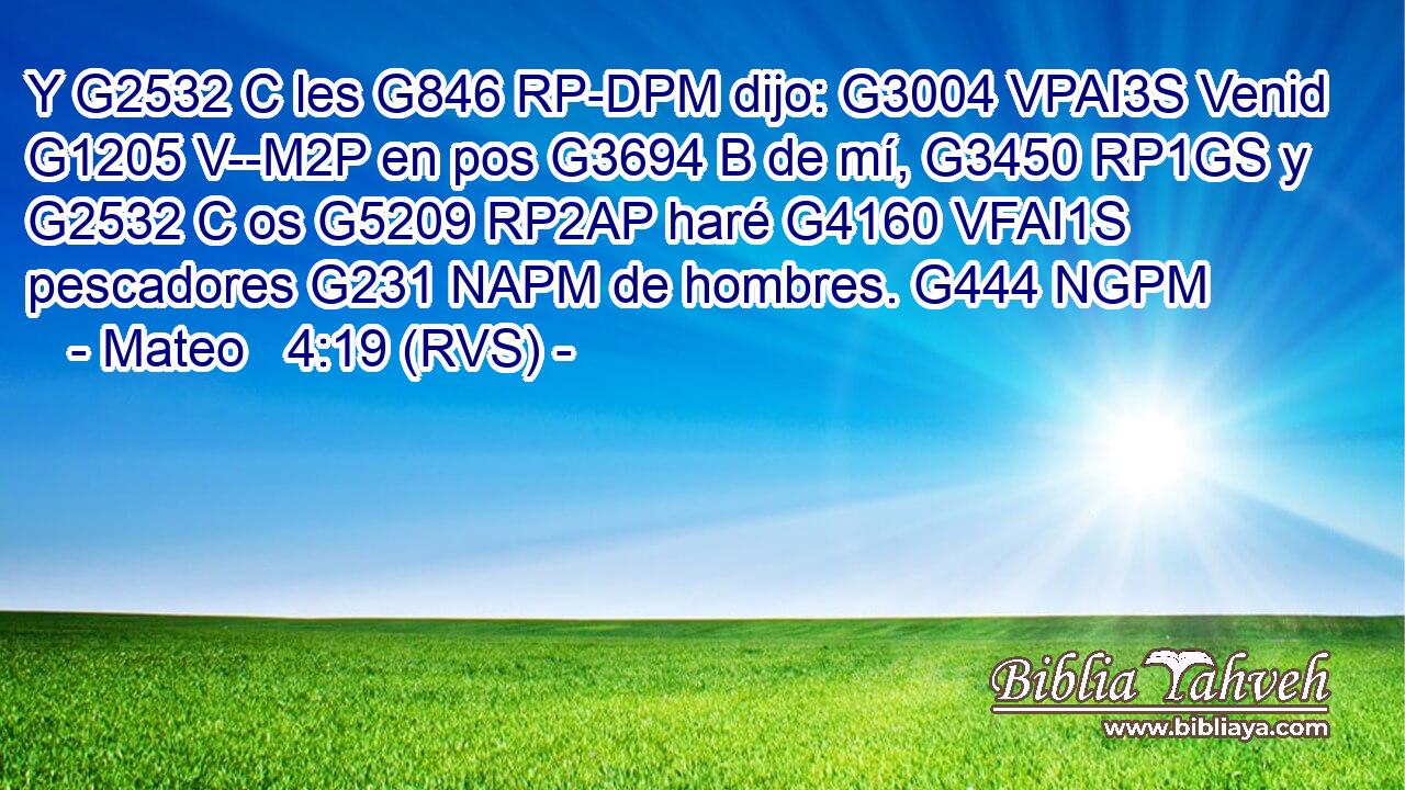 Y G2532 C les G846 RP-DPM dijo: G3004 VPAI3S Venid G1205 V--M2P en pos G3694 B de mí, G3450 RP1GS y G2532 C os G5209 RP2AP haré G4160 VFAI1S pescadores G231 NAPM de hombres. G444 NGPM 