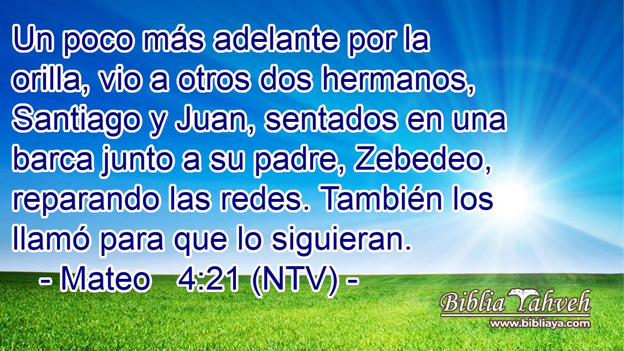 Un poco más adelante por la orilla, vio a otros dos hermanos, Santiago y Juan, sentados en una barca junto a su padre, Zebedeo, reparando las redes. También los llamó para que lo siguieran.
