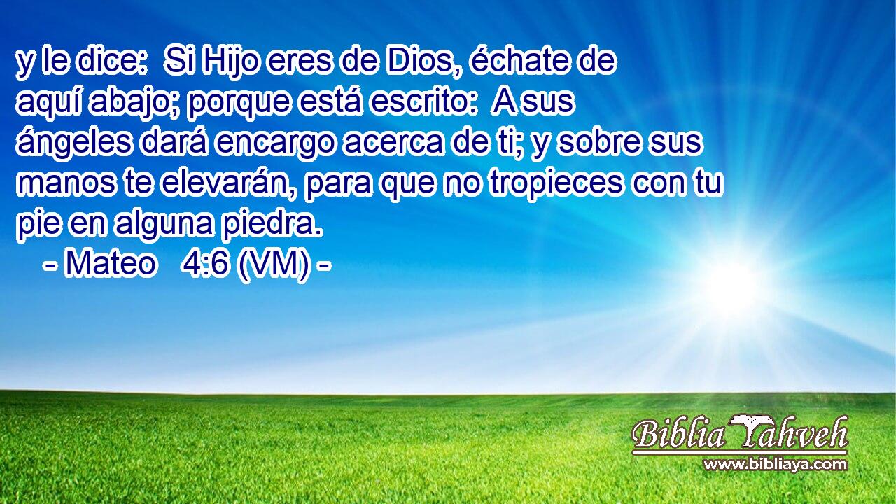  y le dice:  Si Hijo eres de Dios, échate de aquí abajo; porque está escrito:  A sus ángeles dará encargo acerca de ti; y sobre sus manos te elevarán, para que no tropieces con tu pie en alguna piedra. 