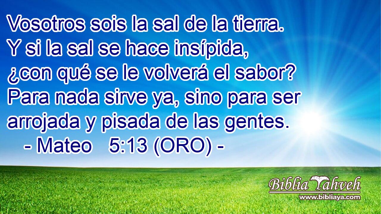  Vosotros sois la sal de la tierra. Y si la sal se hace insípida, ¿con qué se le volverá el sabor? Para nada sirve ya, sino para ser arrojada y pisada de las gentes. 
