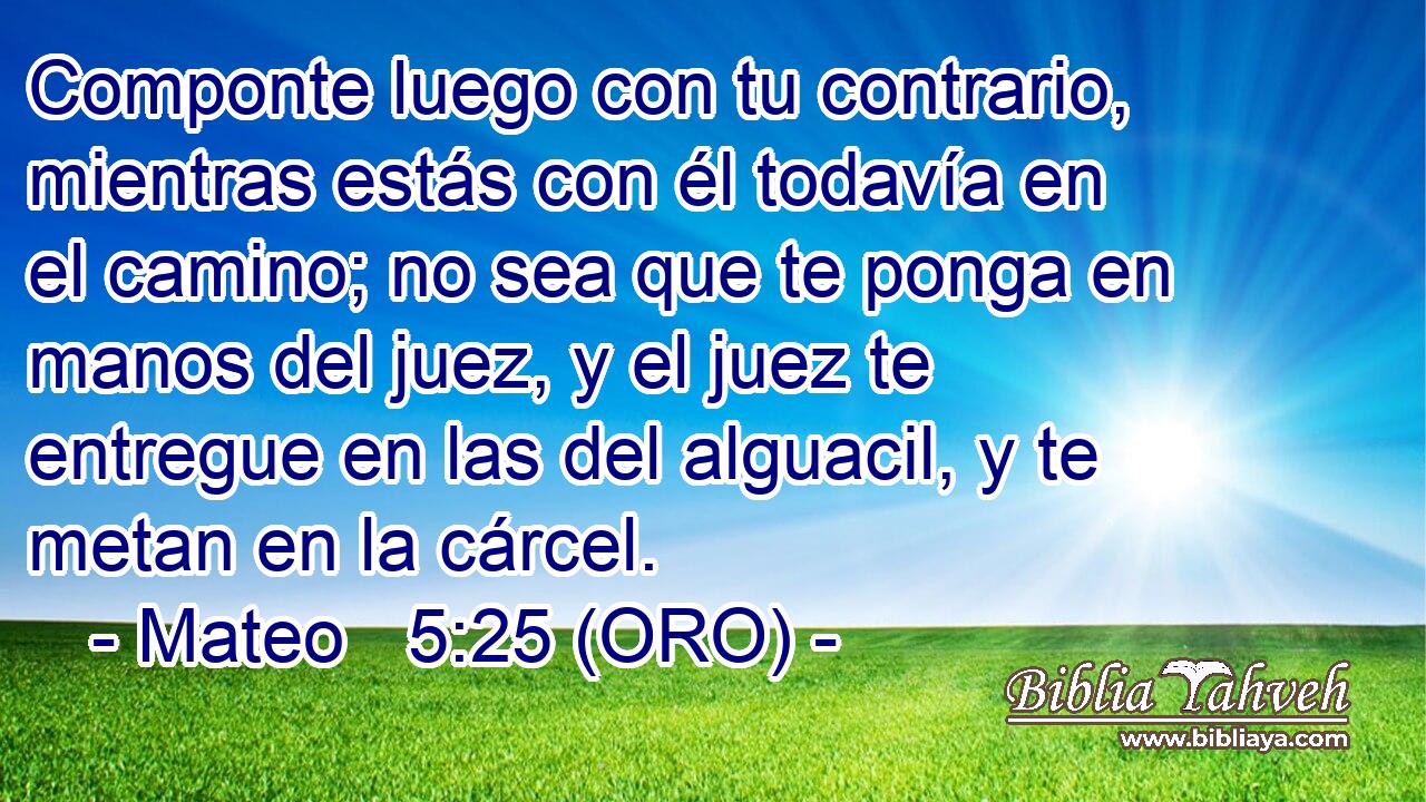  Componte luego con tu contrario, mientras estás con él todavía en el camino; no sea que te ponga en manos del juez, y el juez te entregue en las del alguacil, y te metan en la cárcel. 
