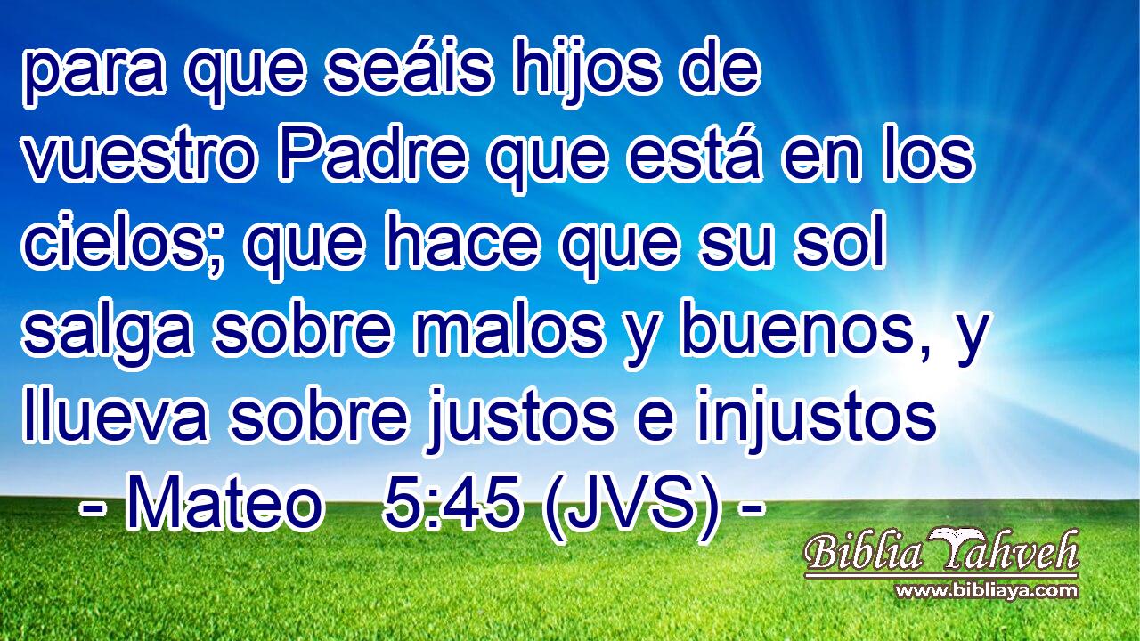para que seáis hijos de vuestro Padre que está en los cielos; que hace que su sol salga sobre malos y buenos, y llueva sobre justos e injustos