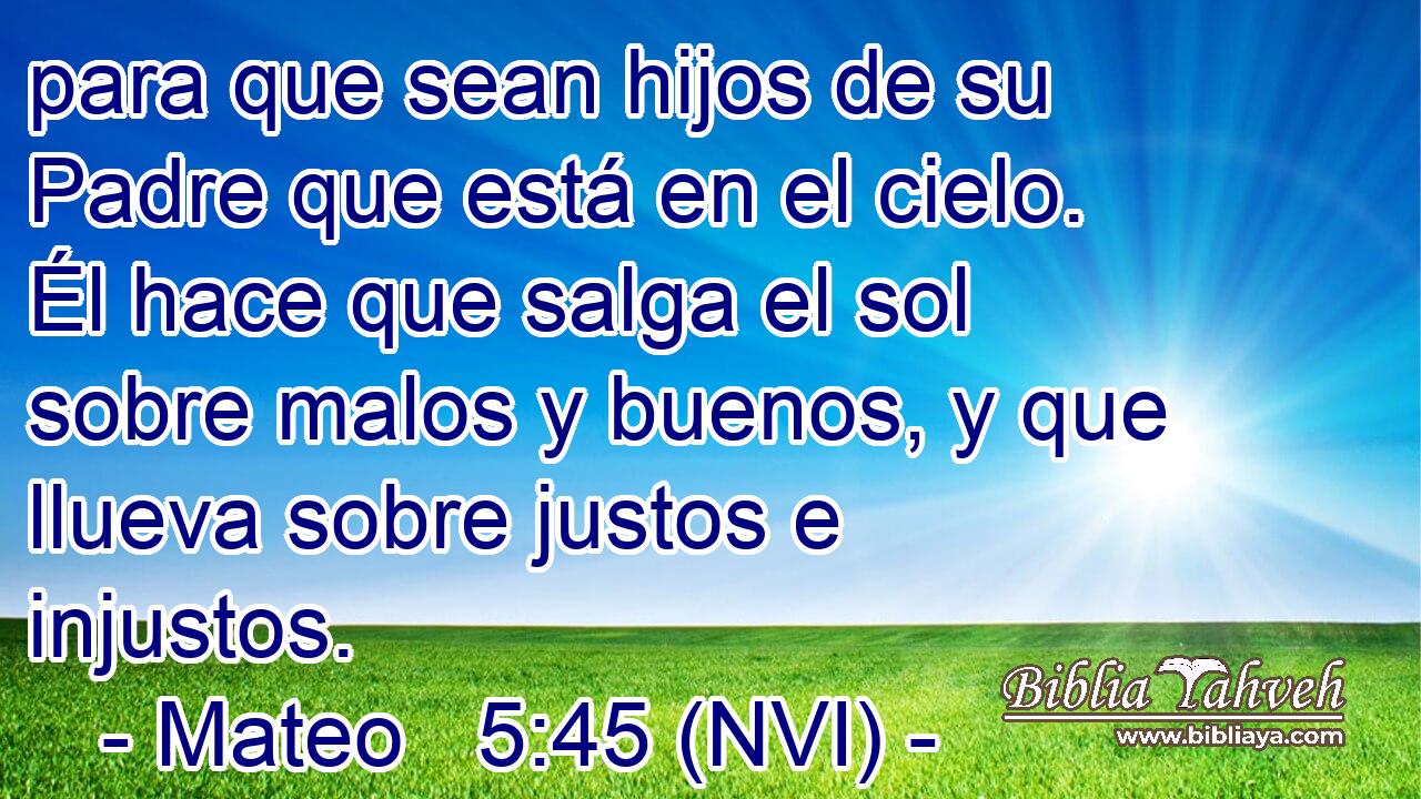  para que sean hijos de su Padre que está en el cielo. Él hace que salga el sol sobre malos y buenos, y que llueva sobre justos e injustos. 