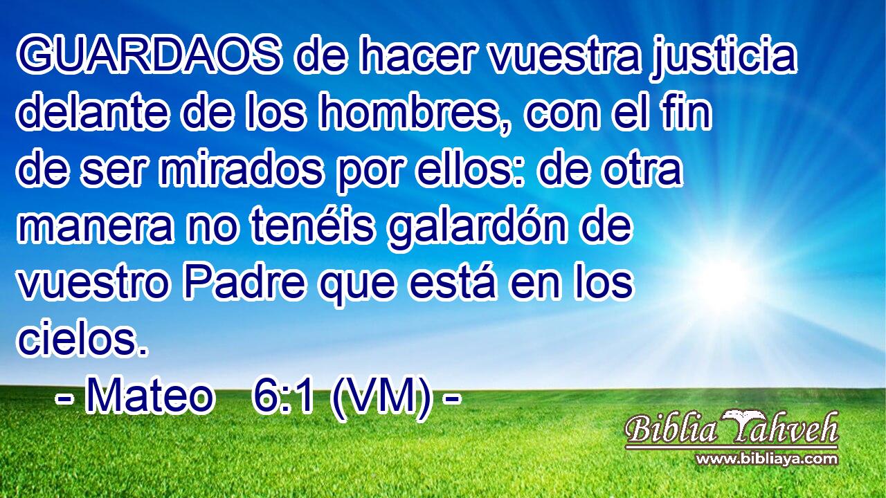  GUARDAOS de hacer vuestra justicia delante de los hombres, con el fin de ser mirados por ellos: de otra manera no tenéis galardón de vuestro Padre que está en los cielos. 