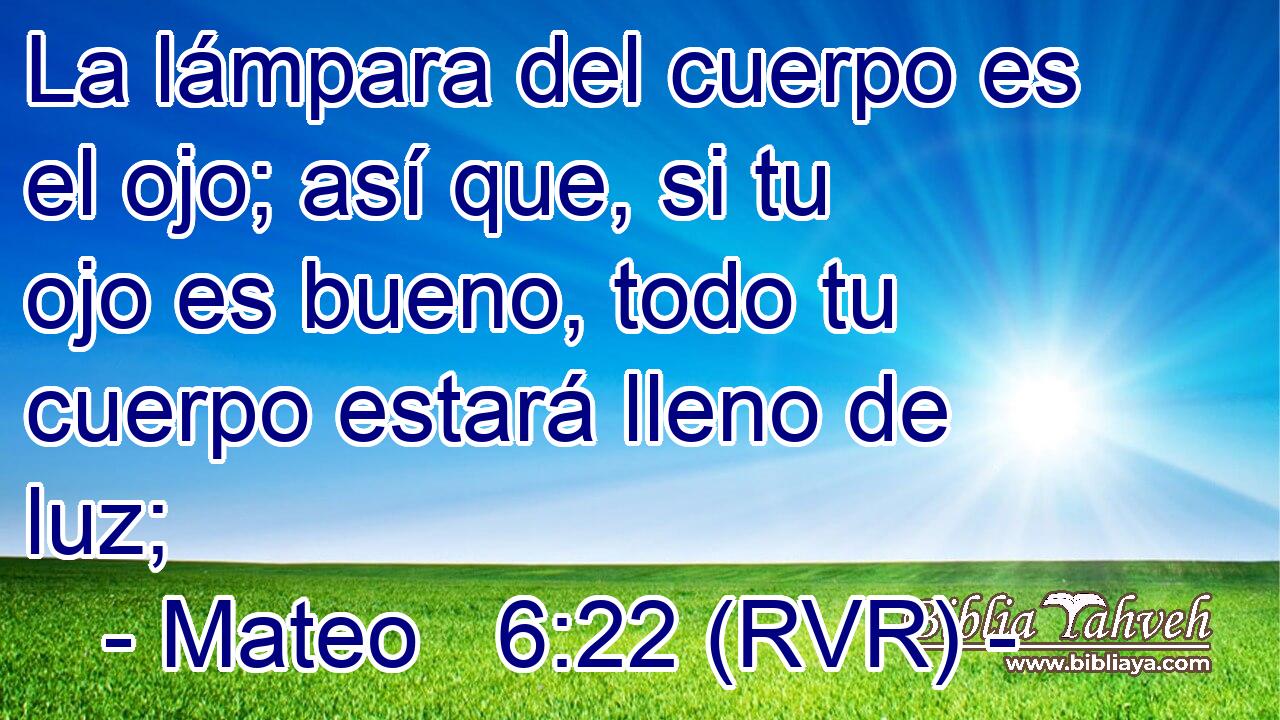 La lámpara del cuerpo es el ojo; así que, si tu ojo es bueno, todo tu cuerpo estará lleno de luz;