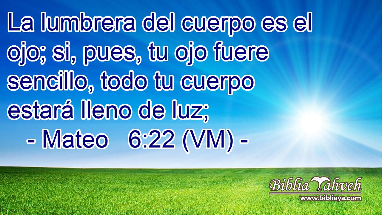  La lumbrera del cuerpo es el ojo; si, pues, tu ojo fuere sencillo, todo tu cuerpo estará lleno de luz; 