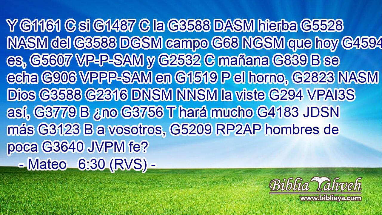 Y G1161 C si G1487 C la G3588 DASM hierba G5528 NASM del G3588 DGSM campo G68 NGSM que hoy G4594 B es, G5607 VP-P-SAM y G2532 C mañana G839 B se echa G906 VPPP-SAM en G1519 P el horno, G2823 NASM Dios G3588 G2316 DNSM NNSM la viste G294 VPAI3S así, G3779 B ¿no G3756 T hará mucho G4183 JDSN más G3123 B a vosotros, G5209 RP2AP hombres de poca G3640 JVPM fe? 