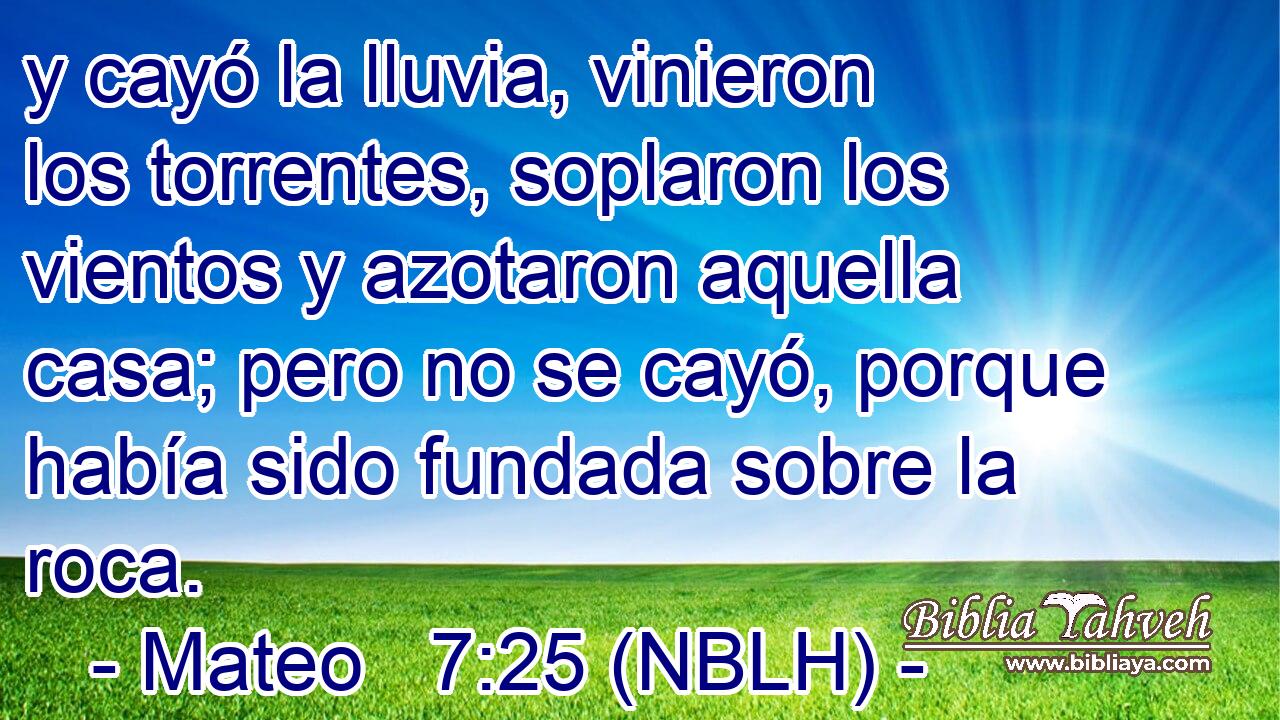  y cayó la lluvia, vinieron los torrentes, soplaron los vientos y azotaron aquella casa; pero no se cayó, porque había sido fundada sobre la roca. 