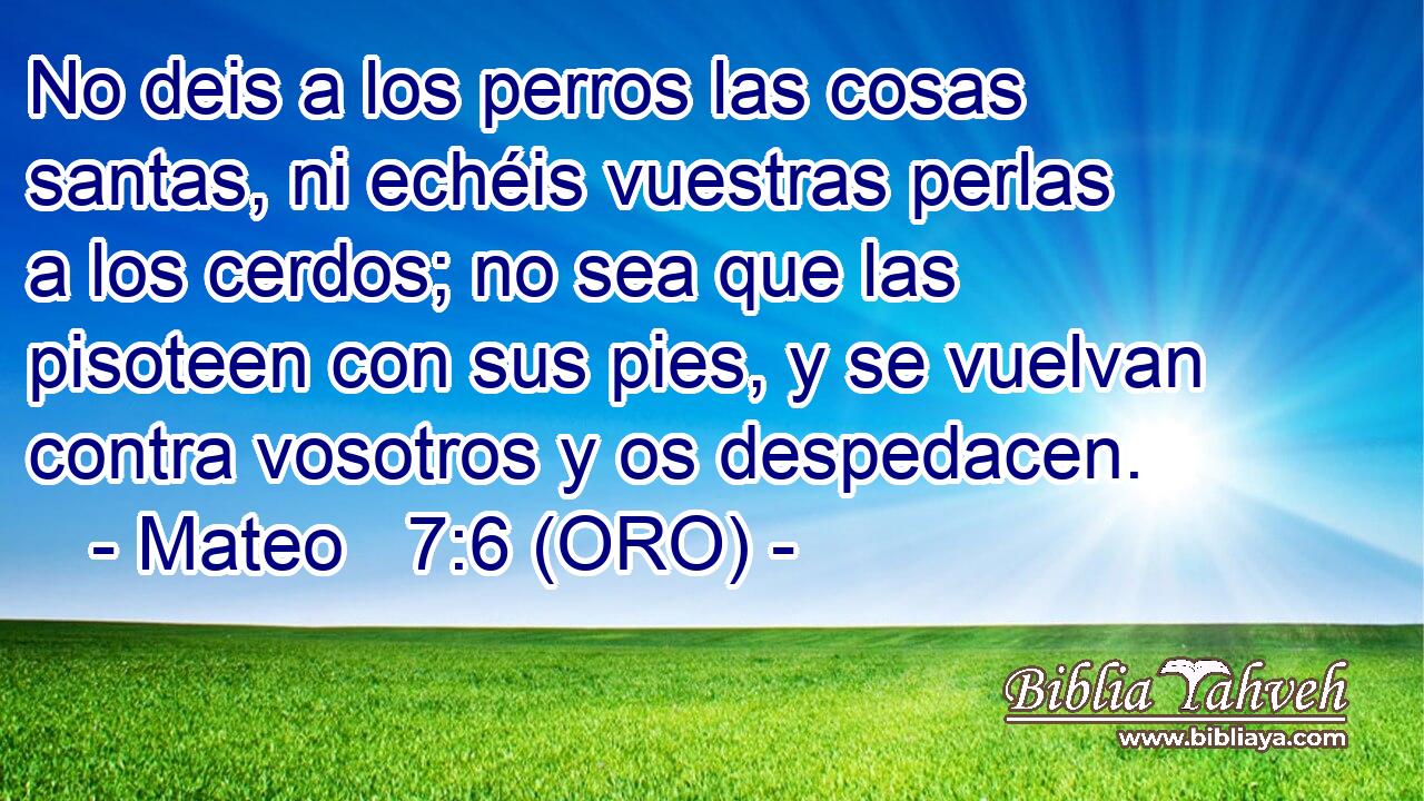  No deis a los perros las cosas santas, ni echéis vuestras perlas a los cerdos; no sea que las pisoteen con sus pies, y se vuelvan contra vosotros y os despedacen. 