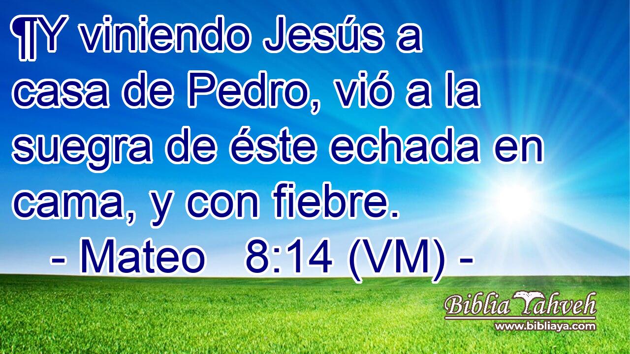  ¶Y viniendo Jesús a casa de Pedro, vió a la suegra de éste echada en cama, y con fiebre. 