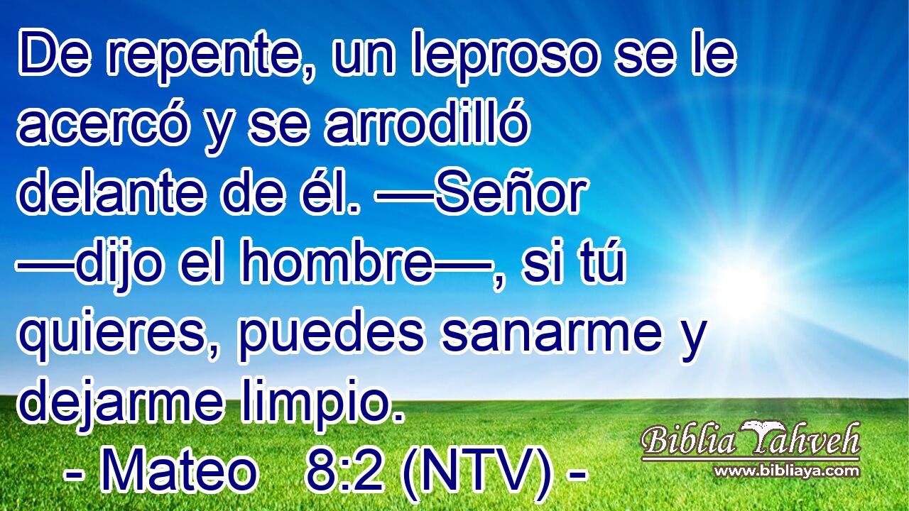 De repente, un leproso se le acercó y se arrodilló delante de él. —Señor —dijo el hombre—, si tú quieres, puedes sanarme y dejarme limpio.
