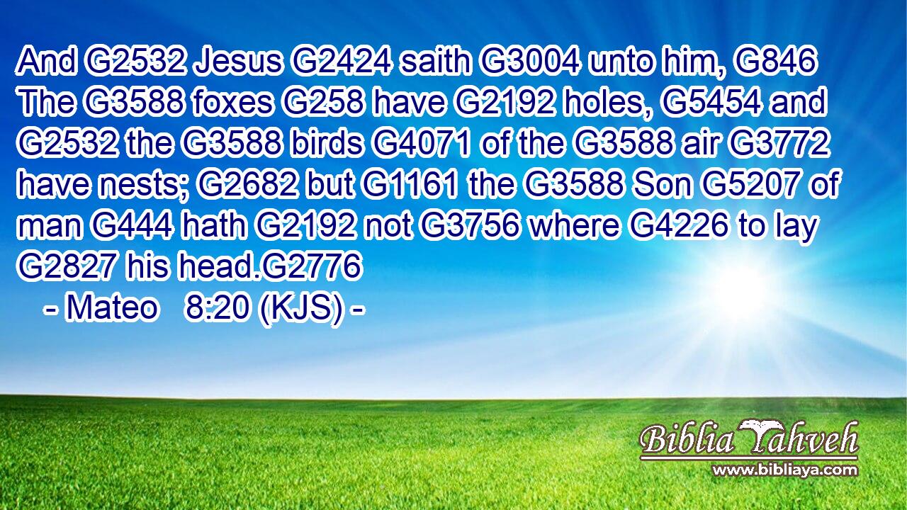 And G2532 Jesus G2424 saith G3004 unto him, G846 The G3588 foxes G258 have G2192 holes, G5454 and G2532 the G3588 birds G4071 of the G3588 air G3772 have nests; G2682 but G1161 the G3588 Son G5207 of man G444 hath G2192 not G3756 where G4226 to lay G2827 his head.G2776