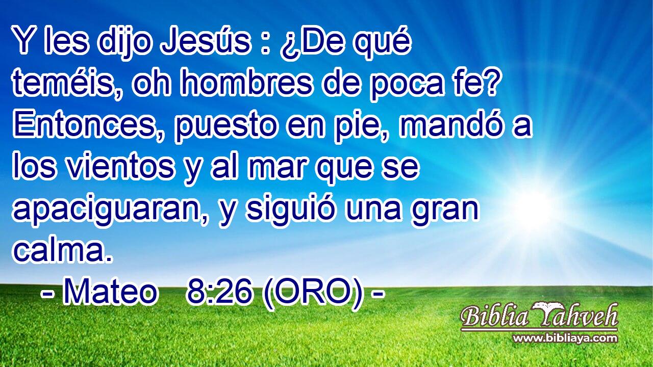  Y les dijo Jesús : ¿De qué teméis, oh hombres de poca fe? Entonces, puesto en pie, mandó a los vientos y al mar que se apaciguaran, y siguió una gran calma. 