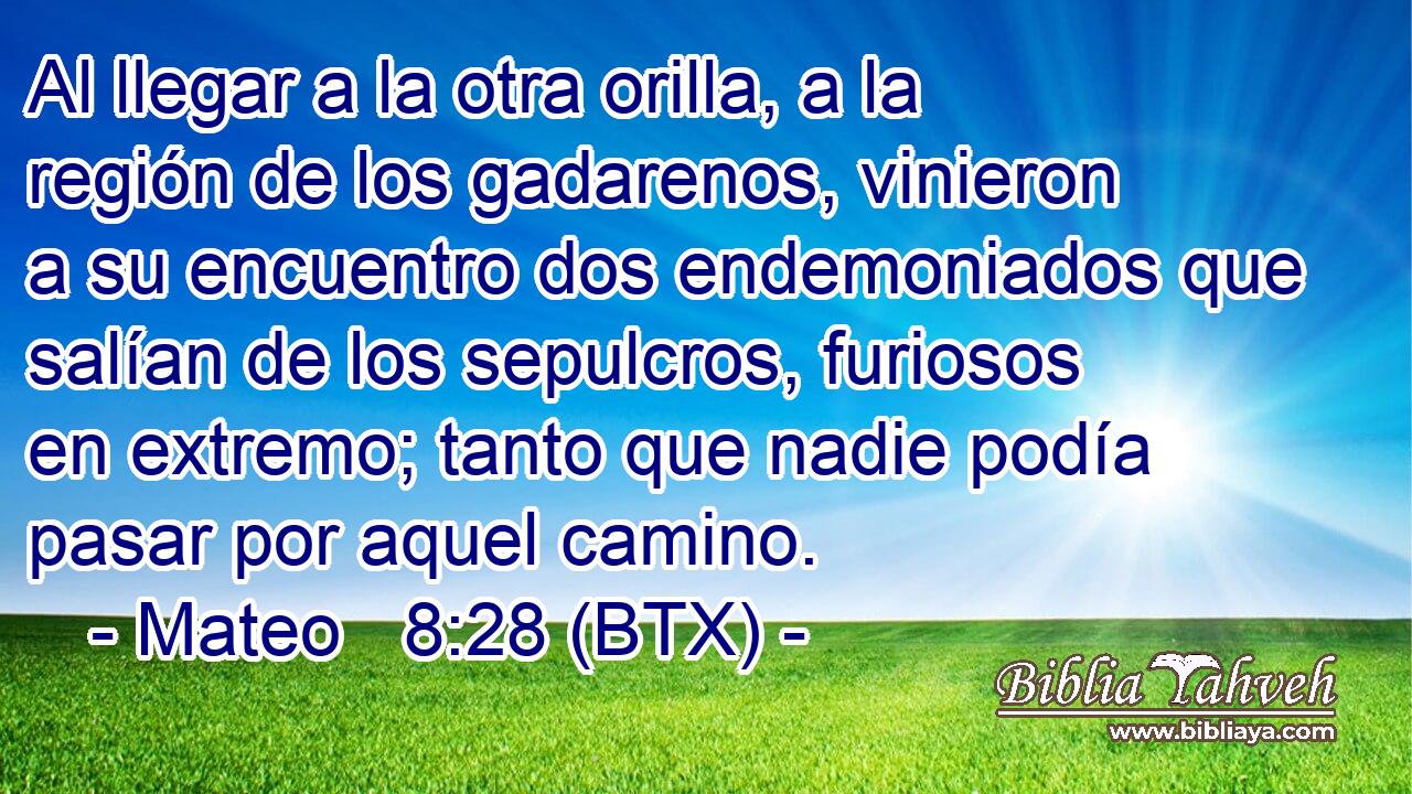 Al llegar a la otra orilla, a la región de los gadarenos, vinieron a su encuentro dos endemoniados que salían de los sepulcros, furiosos en extremo; tanto que nadie podía pasar por aquel camino.