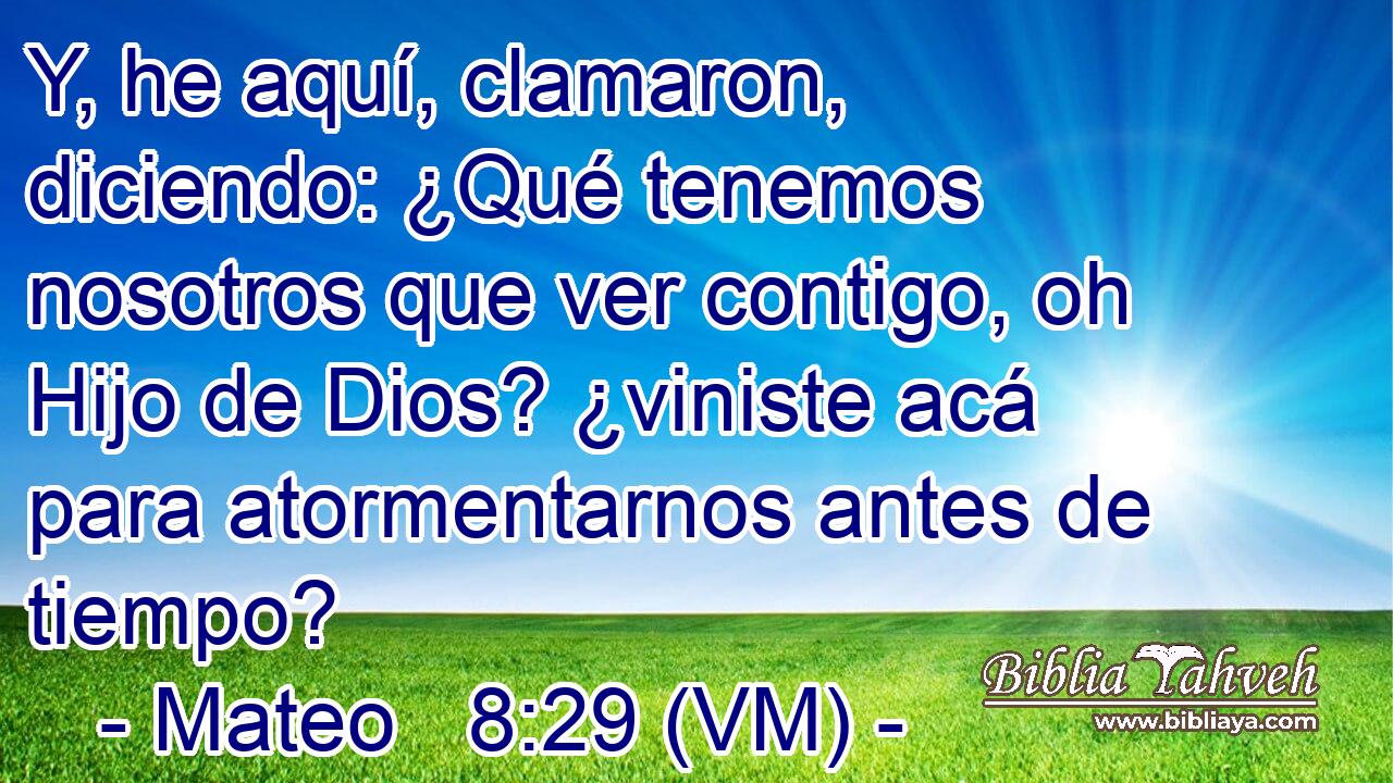  Y, he aquí, clamaron, diciendo: ¿Qué tenemos nosotros que ver contigo, oh Hijo de Dios? ¿viniste acá para atormentarnos antes de tiempo? 