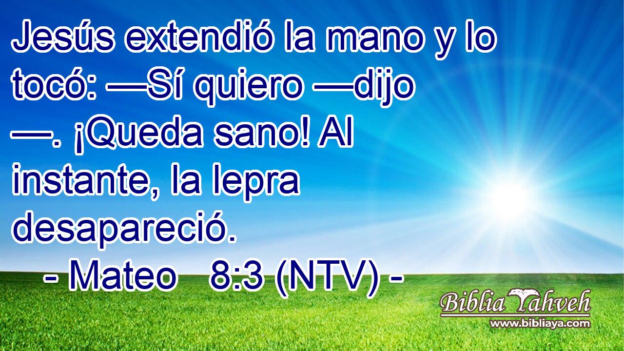 Jesús extendió la mano y lo tocó: —Sí quiero —dijo —. ¡Queda sano! Al instante, la lepra desapareció.