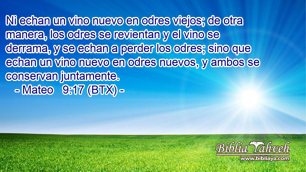 Ni echan un vino nuevo en odres viejos; de otra manera, los odres se revientan y el vino se derrama, y se echan a perder los odres; sino que echan un vino nuevo en odres nuevos, y ambos se conservan juntamente.