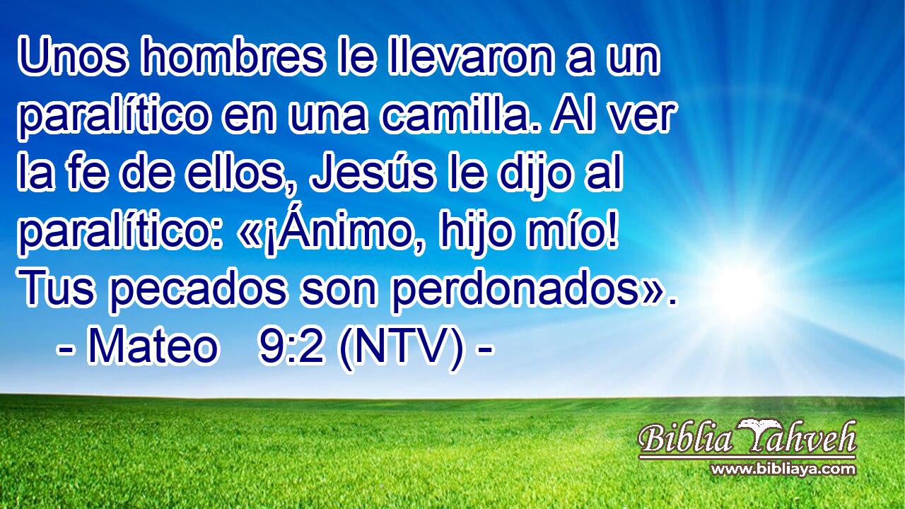 Unos hombres le llevaron a un paralítico en una camilla. Al ver la fe de ellos, Jesús le dijo al paralítico: «¡Ánimo, hijo mío! Tus pecados son perdonados».