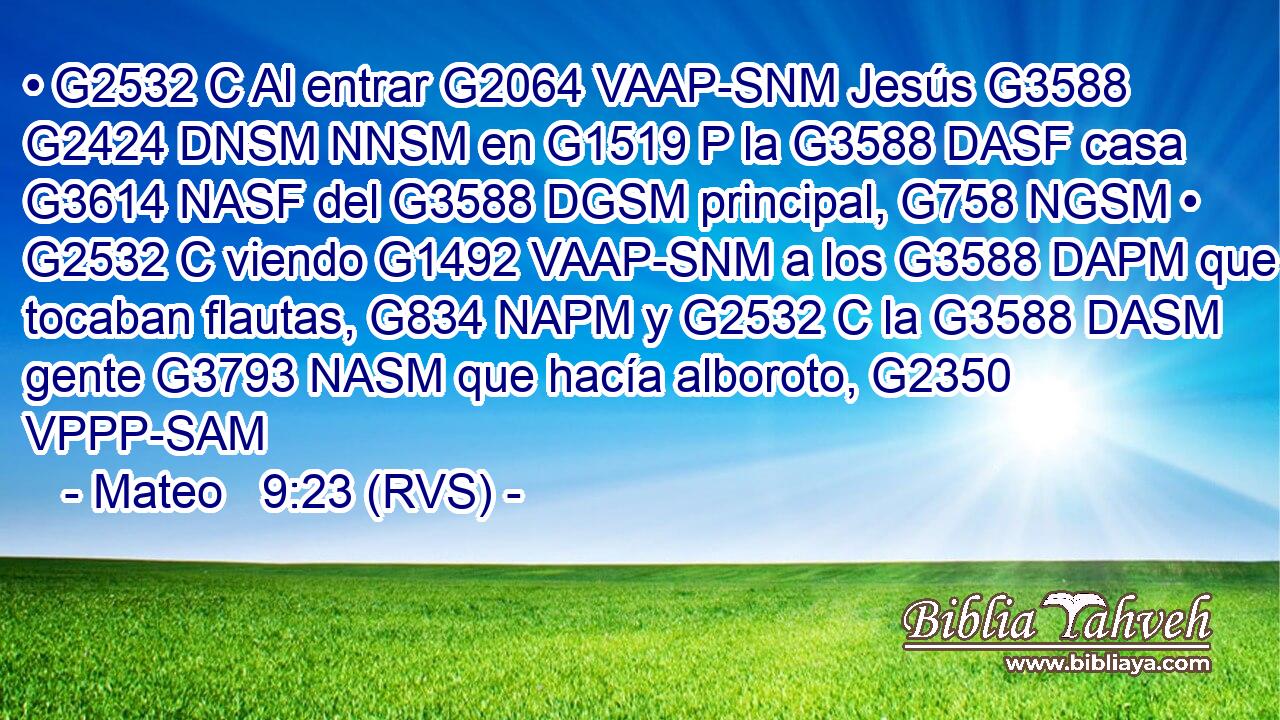 • G2532 C Al entrar G2064 VAAP-SNM Jesús G3588 G2424 DNSM NNSM en G1519 P la G3588 DASF casa G3614 NASF del G3588 DGSM principal, G758 NGSM • G2532 C viendo G1492 VAAP-SNM a los G3588 DAPM que tocaban flautas, G834 NAPM y G2532 C la G3588 DASM gente G3793 NASM que hacía alboroto, G2350 VPPP-SAM 