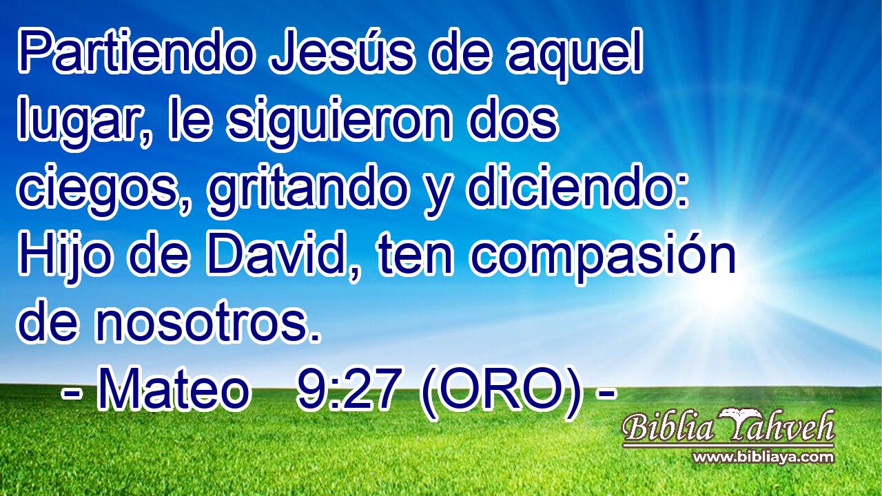  Partiendo Jesús de aquel lugar, le siguieron dos ciegos, gritando y diciendo: Hijo de David, ten compasión de nosotros. 