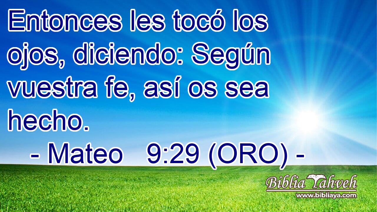  Entonces les tocó los ojos, diciendo: Según vuestra fe, así os sea hecho. 