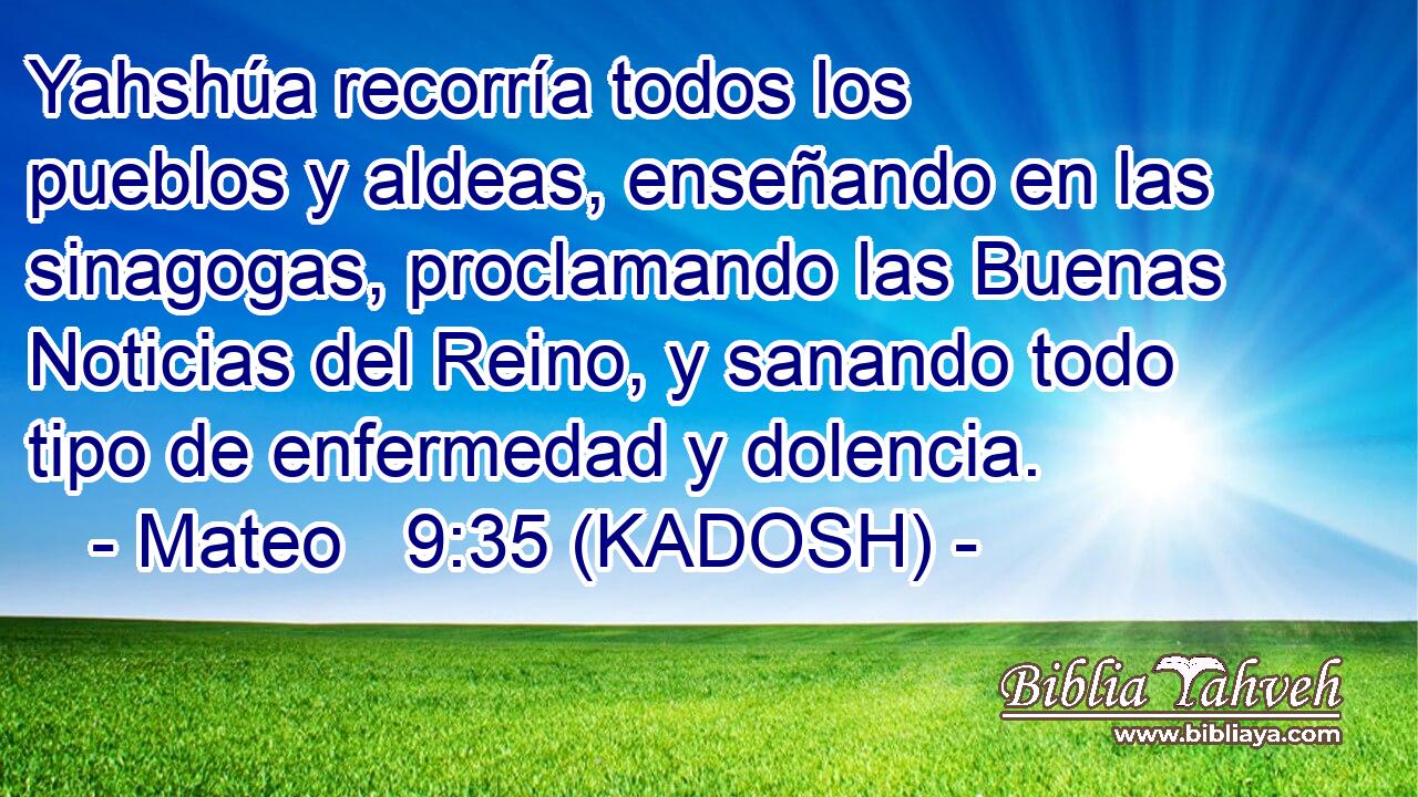  Yahshúa recorría todos los pueblos y aldeas, enseñando en las sinagogas, proclamando las Buenas Noticias del Reino, y sanando todo tipo de enfermedad y dolencia. 