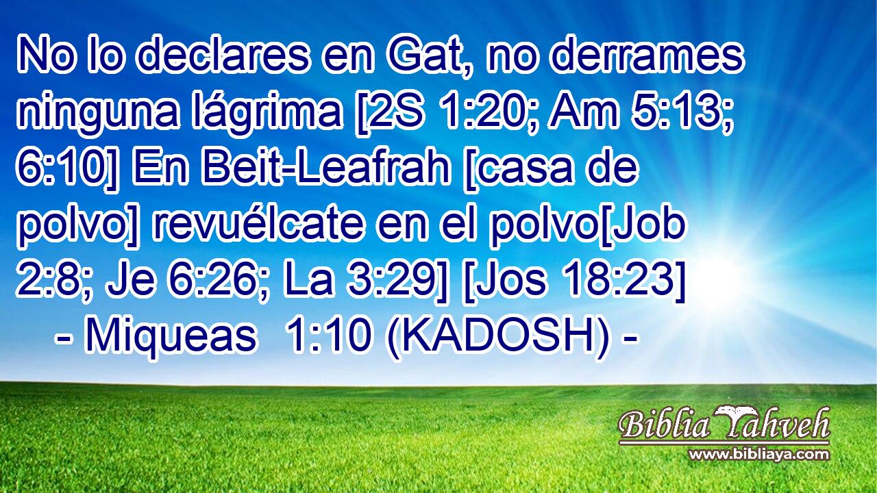  No lo declares en Gat, no derrames ninguna lágrima [2S 1:20; Am 5:13; 6:10] En Beit-Leafrah [casa de polvo] revuélcate en el polvo[Job 2:8; Je 6:26; La 3:29] [Jos 18:23] 