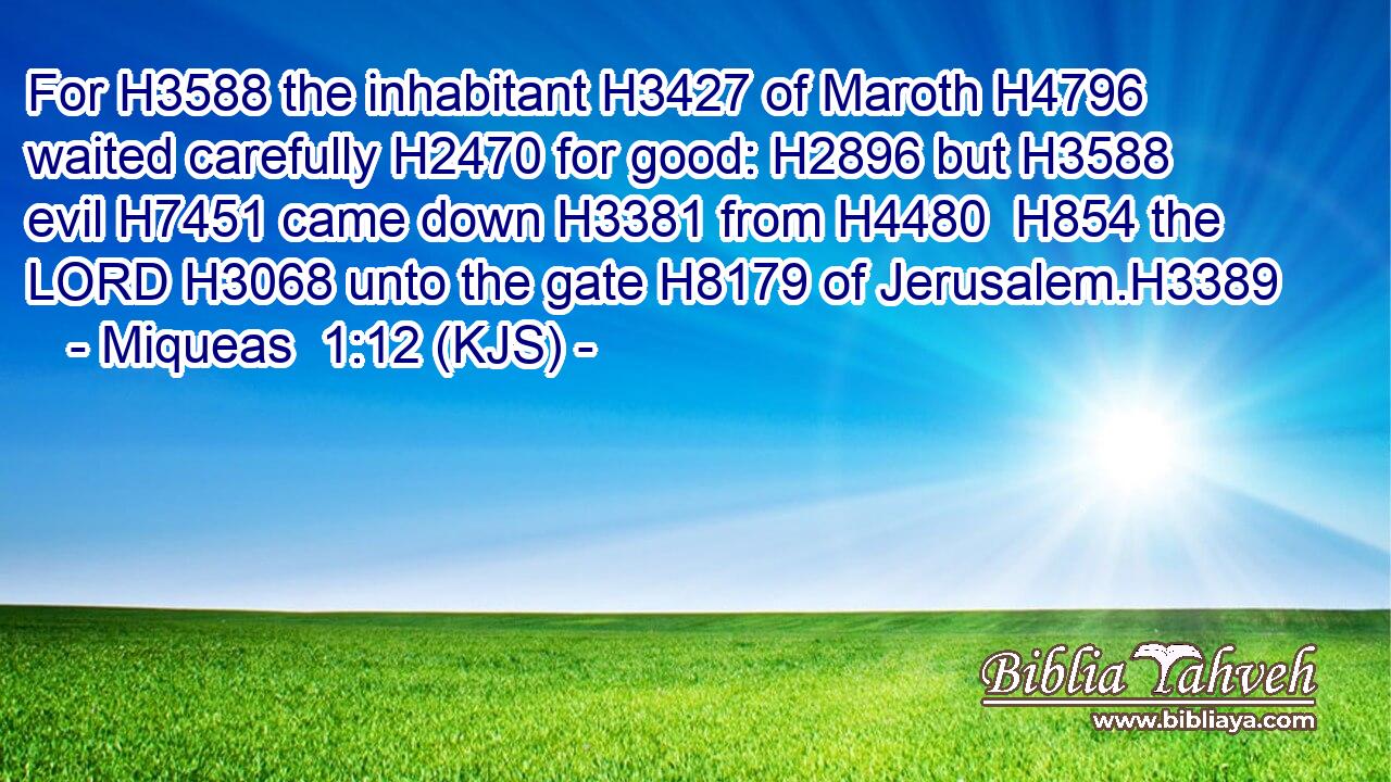 For H3588 the inhabitant H3427 of Maroth H4796 waited carefully H2470 for good: H2896 but H3588 evil H7451 came down H3381 from H4480  H854 the LORD H3068 unto the gate H8179 of Jerusalem.H3389