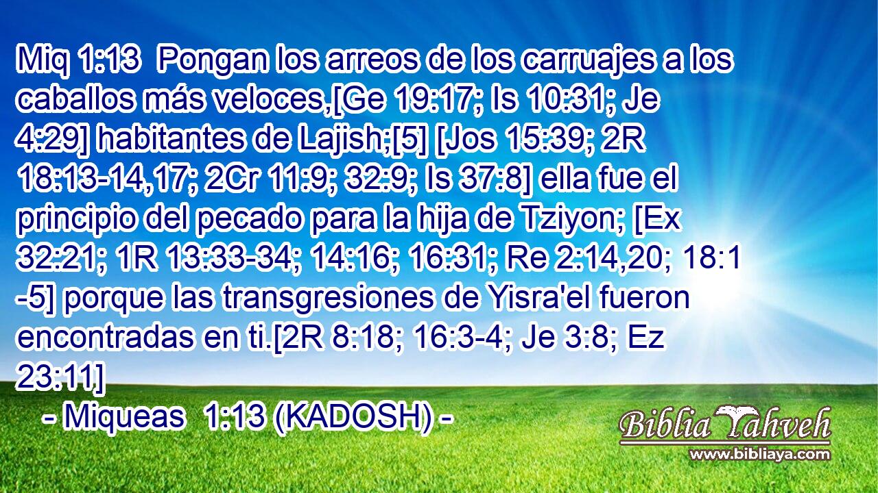  Pongan los arreos de los carruajes a los caballos más veloces,[Ge 19:17; Is 10:31; Je 4:29] habitantes de Lajish;[5] [Jos 15:39; 2R 18:13-14,17; 2Cr 11:9; 32:9; Is 37:8] ella fue el principio del pecado para la hija de Tziyon; [Ex 32:21; 1R 13:33-34; 14:16; 16:31; Re 2:14,20; 18:1 -5] porque las transgresiones de Yisra'el fueron encontradas en ti.[2R 8:18; 16:3-4; Je 3:8; Ez 23:11] 