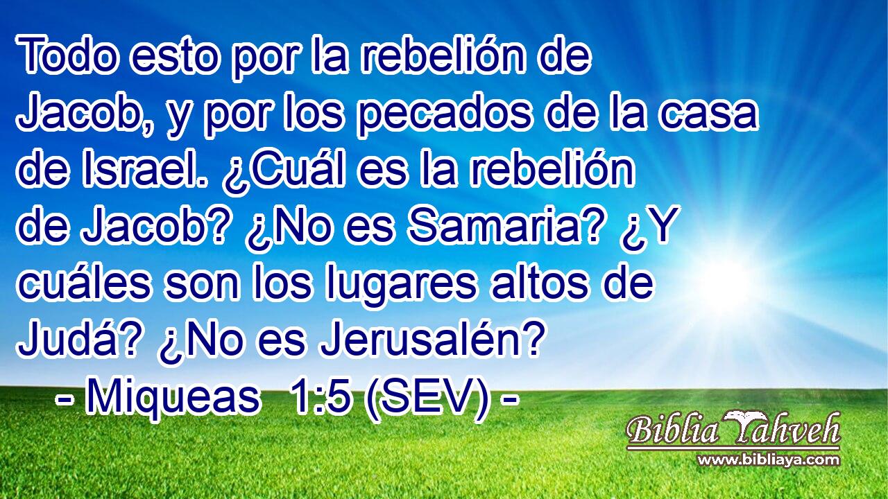 Todo esto por la rebelión de Jacob, y por los pecados de la casa de Israel. ¿Cuál es la rebelión de Jacob? ¿No es Samaria? ¿Y cuáles son los lugares altos de Judá? ¿No es Jerusalén?