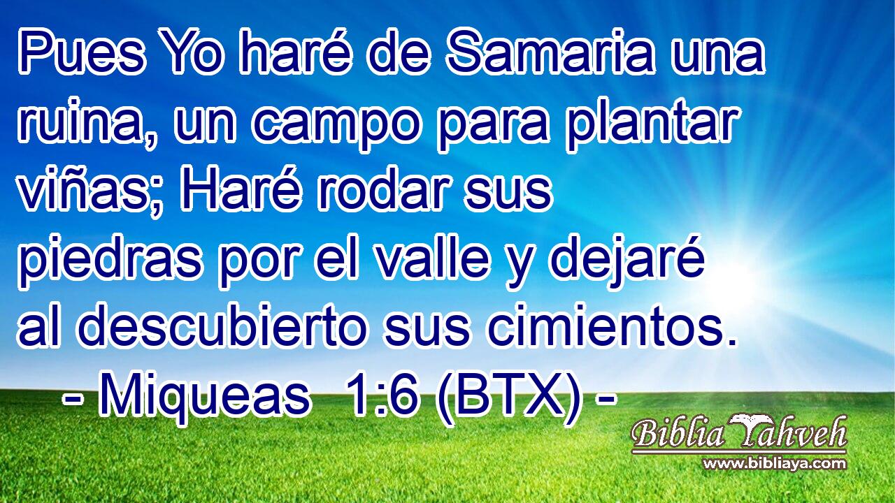 Pues Yo haré de Samaria una ruina, un campo para plantar viñas; Haré rodar sus piedras por el valle y dejaré al descubierto sus cimientos.