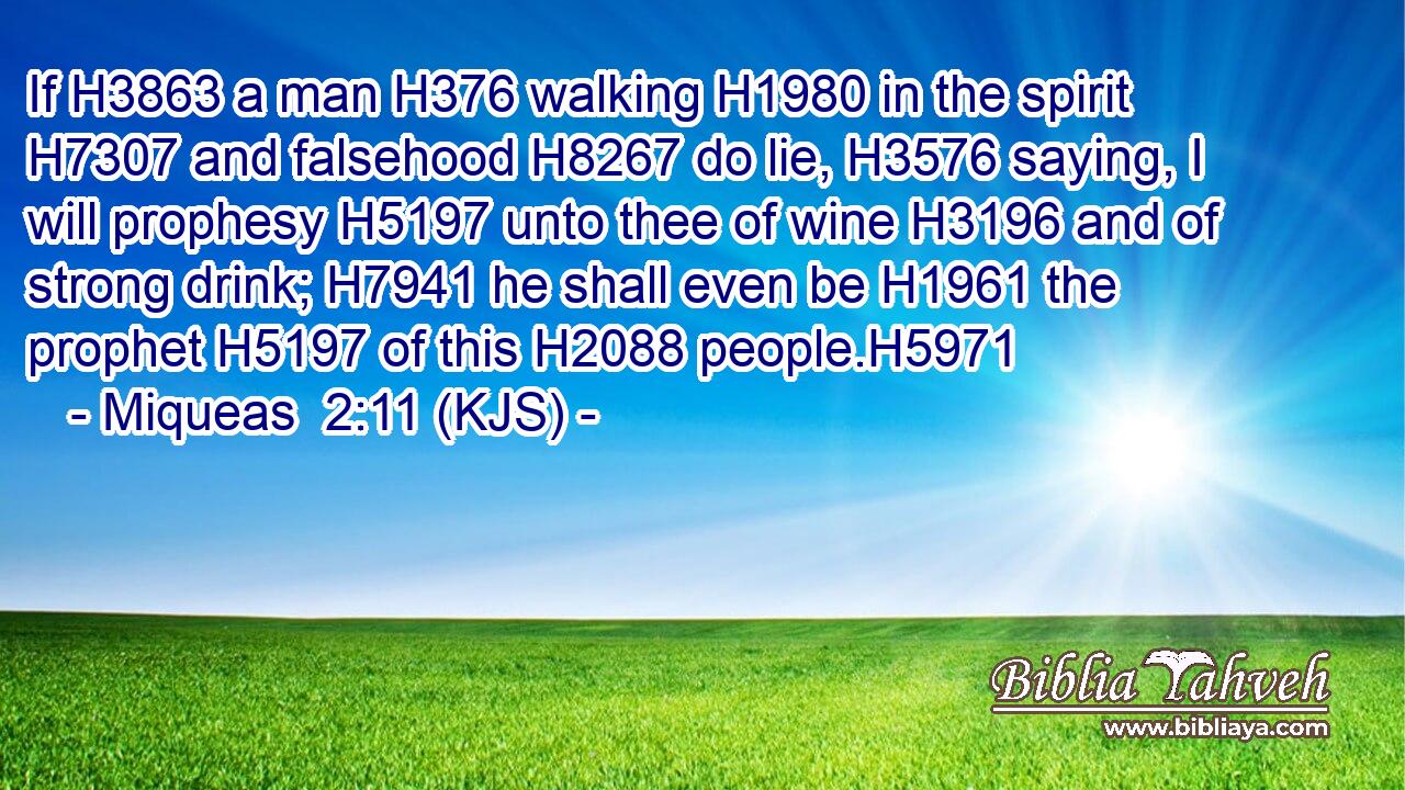 If H3863 a man H376 walking H1980 in the spirit H7307 and falsehood H8267 do lie, H3576 saying, I will prophesy H5197 unto thee of wine H3196 and of strong drink; H7941 he shall even be H1961 the prophet H5197 of this H2088 people.H5971