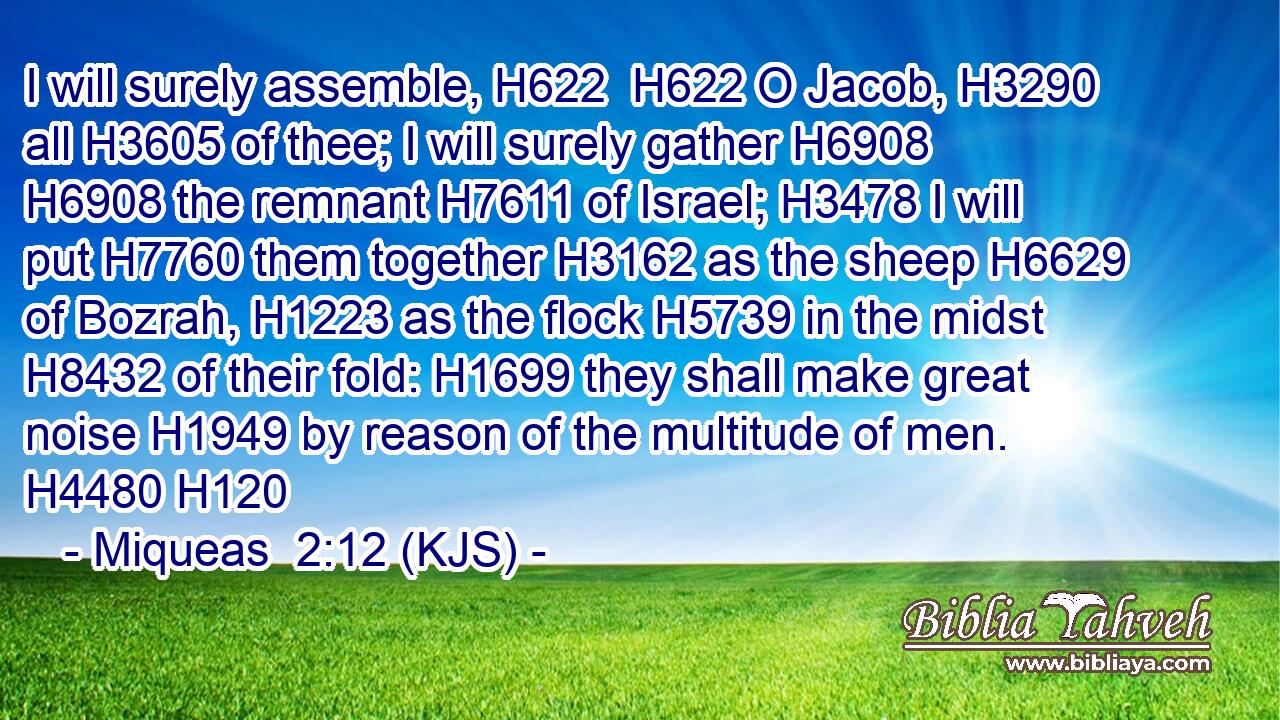 I will surely assemble, H622  H622 O Jacob, H3290 all H3605 of thee; I will surely gather H6908  H6908 the remnant H7611 of Israel; H3478 I will put H7760 them together H3162 as the sheep H6629 of Bozrah, H1223 as the flock H5739 in the midst H8432 of their fold: H1699 they shall make great noise H1949 by reason of the multitude of men. H4480 H120
