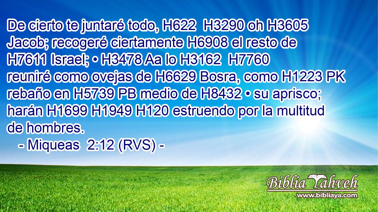 De cierto te juntaré todo, H622  H3290 oh H3605 Jacob; recogeré ciertamente H6908 el resto de H7611 Israel; • H3478 Aa lo H3162  H7760 reuniré como ovejas de H6629 Bosra, como H1223 PK rebaño en H5739 PB medio de H8432 • su aprisco; harán H1699 H1949 H120 estruendo por la multitud de hombres. 