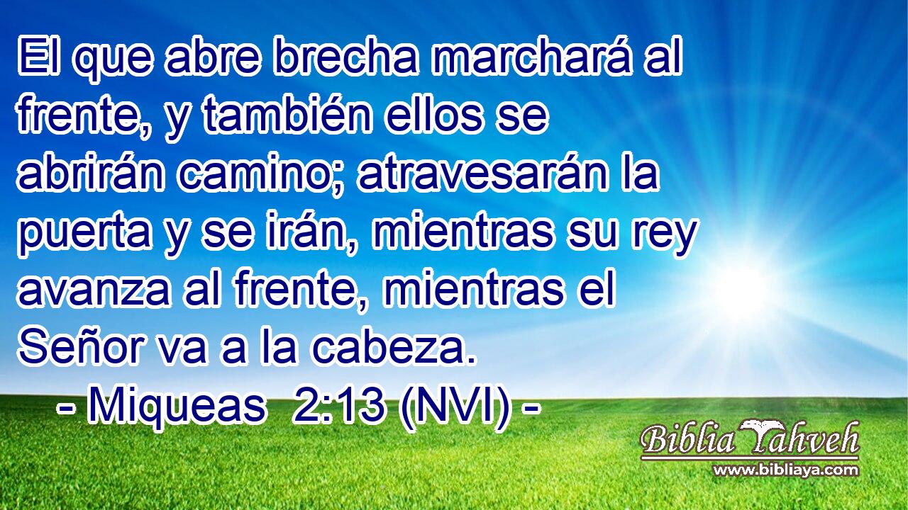  El que abre brecha marchará al frente, y también ellos se abrirán camino; atravesarán la puerta y se irán, mientras su rey avanza al frente, mientras el Señor va a la cabeza. 