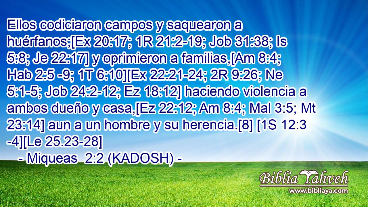  Ellos codiciaron campos y saquearon a huérfanos;[Ex 20:17; 1R 21:2-19; Job 31:38; Is 5:8; Je 22:17] y oprimieron a familias,[Am 8:4; Hab 2:5 -9; 1T 6:10][Ex 22:21-24; 2R 9:26; Ne 5:1-5; Job 24:2-12; Ez 18:12] haciendo violencia a ambos dueño y casa,[Ez 22:12; Am 8:4; Mal 3:5; Mt 23:14] aun a un hombre y su herencia.[8] [1S 12:3 -4][Le 25.23-28] 